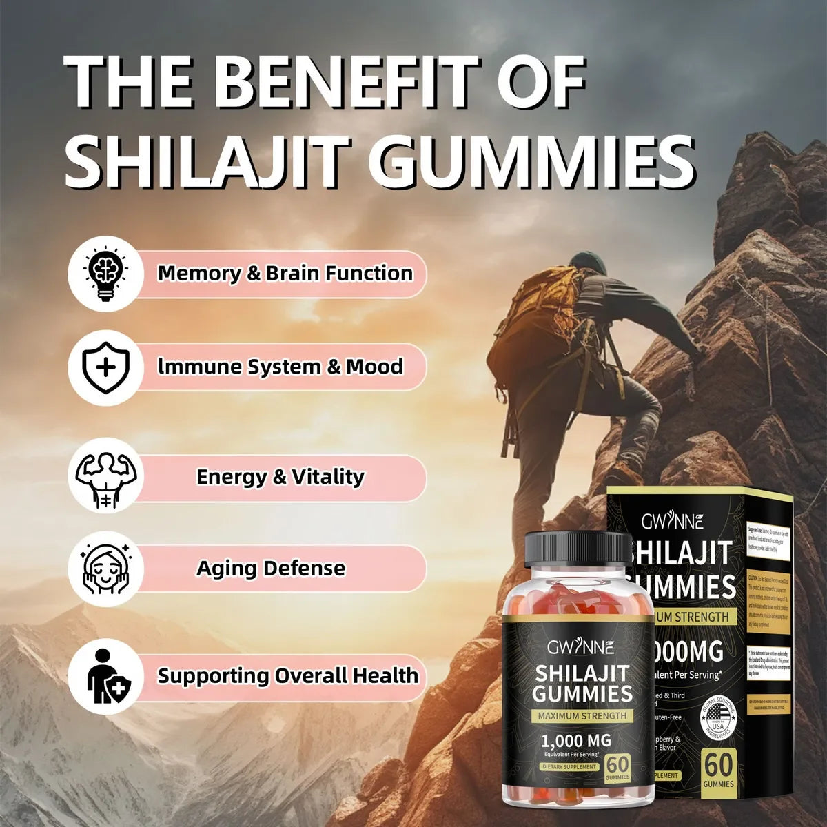 Gwynne Shilajit 1000mg - 60 Gomitas Sabor Frambuesa y Sandía Energía y Vitalidad Suplemento Natural Vegano Sin Gluten