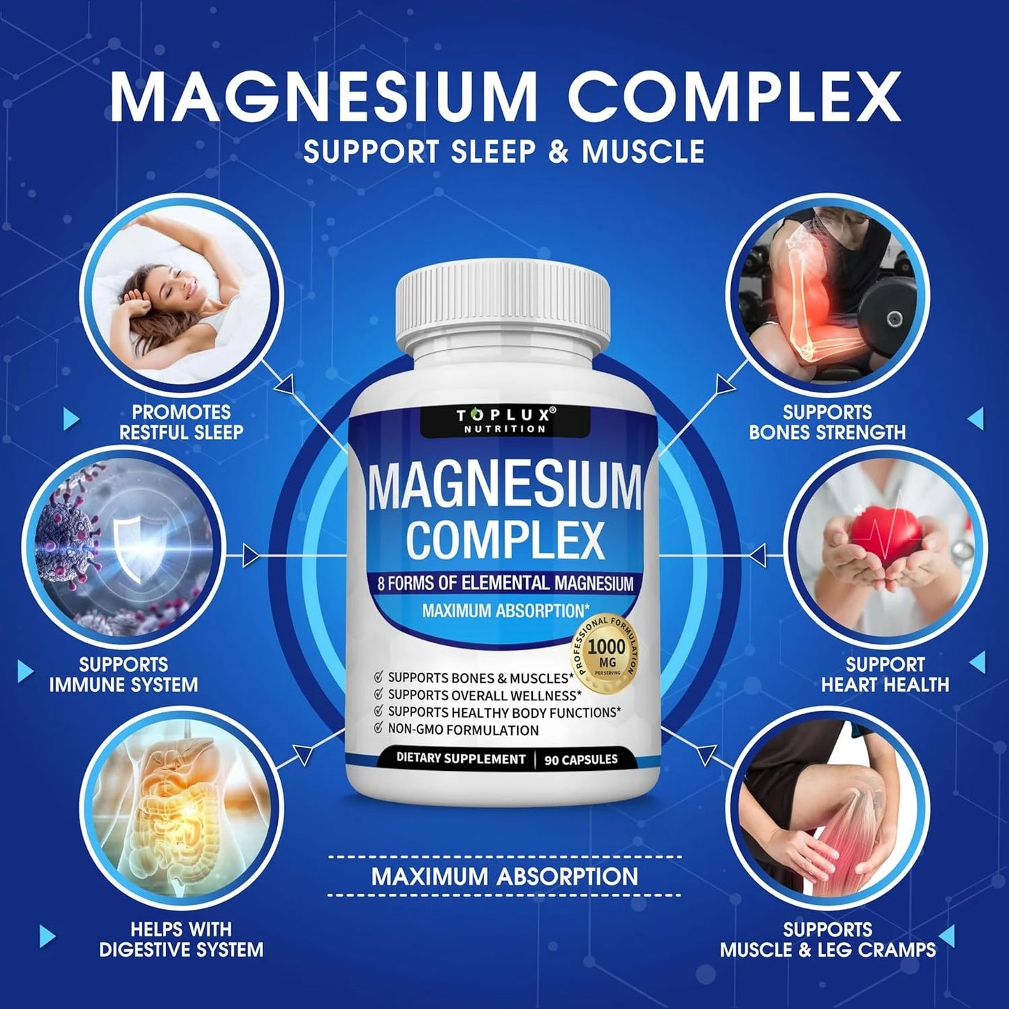 Suplemento de Magnesio Complejo 8 Elementos 1000 mg – Glicinato, Citrato, Malato, Taurato y Quelato Alta Absorción para Huesos, Músculos, Energía y Recuperación 90 Cápsulas