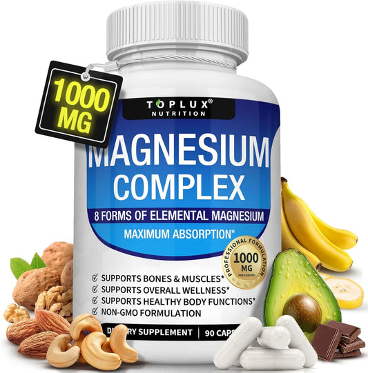 Suplemento de Magnesio Complejo 8 Elementos 1000 mg – Glicinato, Citrato, Malato, Taurato y Quelato Alta Absorción para Huesos, Músculos, Energía y Recuperación 90 Cápsulas