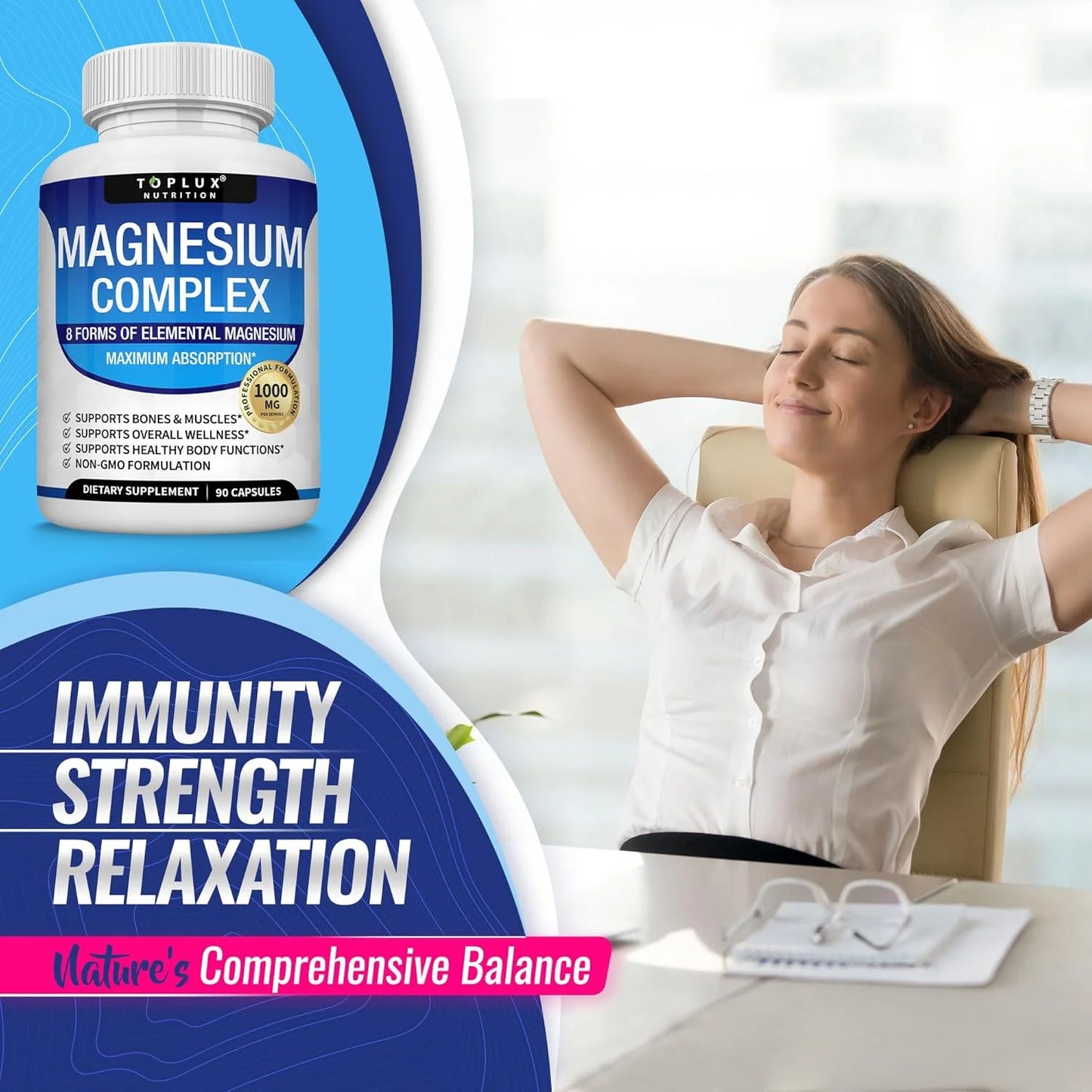 Suplemento de Magnesio Complejo 8 Elementos 1000 mg – Glicinato, Citrato, Malato, Taurato y Quelato Alta Absorción para Huesos, Músculos, Energía y Recuperación 90 Cápsulas