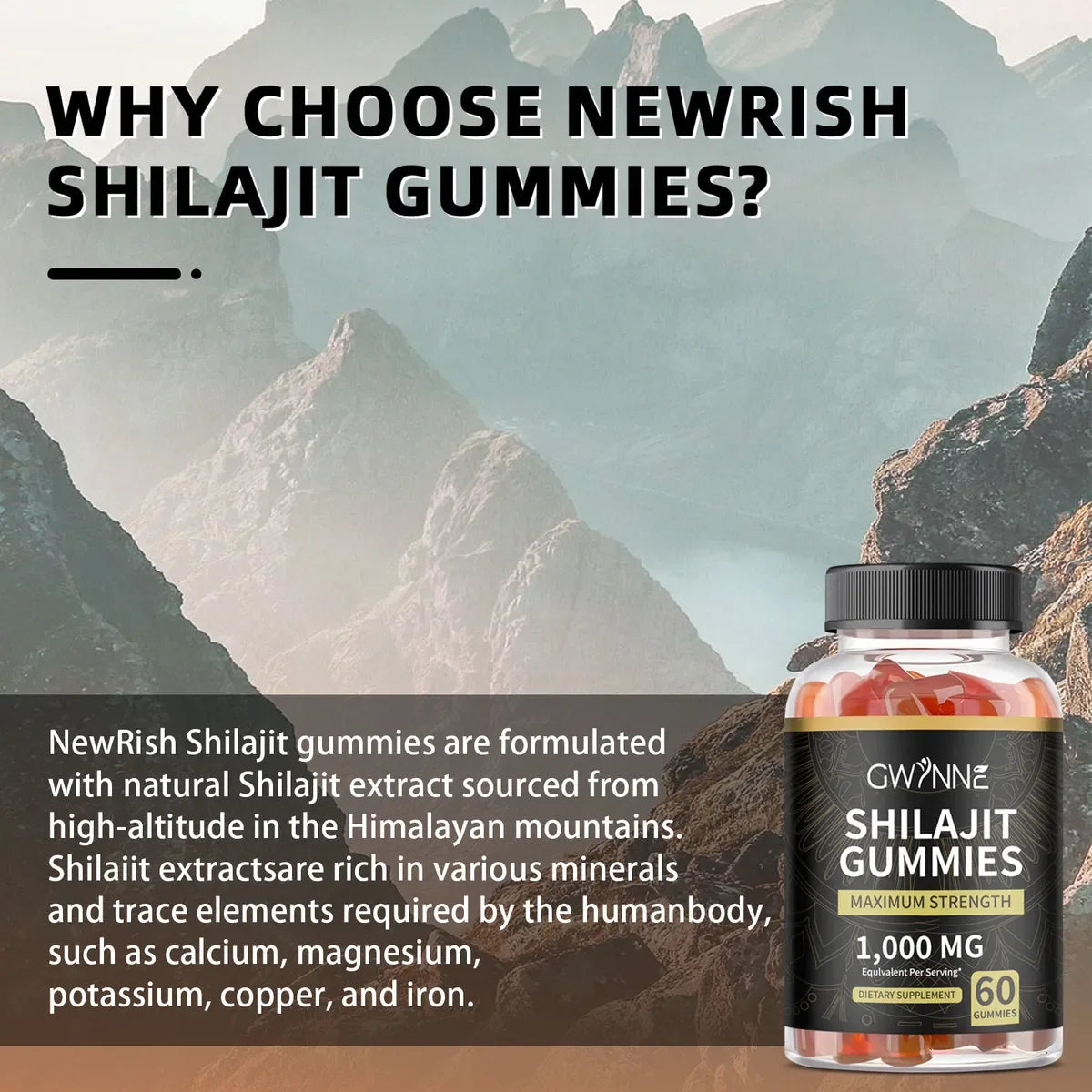Gwynne Shilajit 1000mg - 60 Gomitas Sabor Frambuesa y Sandía Energía y Vitalidad Suplemento Natural Vegano Sin Gluten