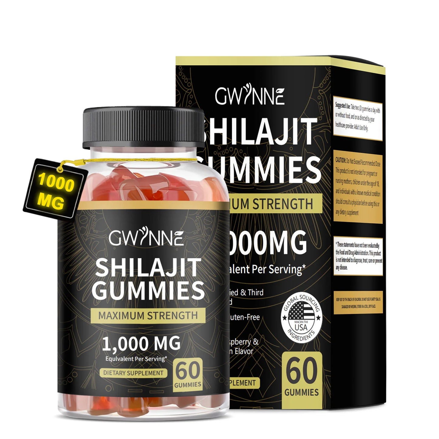 Gwynne Shilajit 1000mg - 60 Gomitas Sabor Frambuesa y Sandía Energía y Vitalidad Suplemento Natural Vegano Sin Gluten