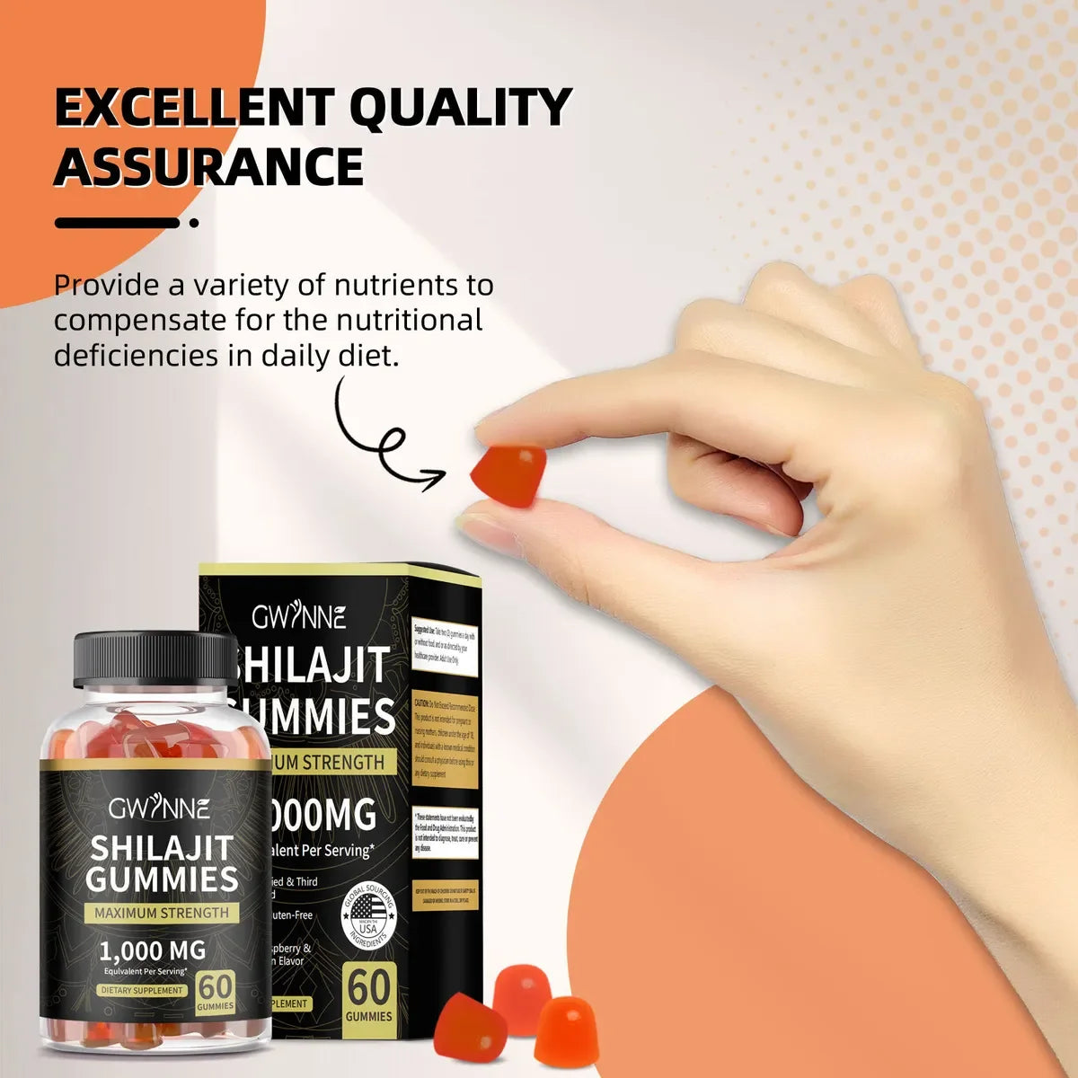 Gwynne Shilajit 1000mg - 60 Gomitas Sabor Frambuesa y Sandía Energía y Vitalidad Suplemento Natural Vegano Sin Gluten