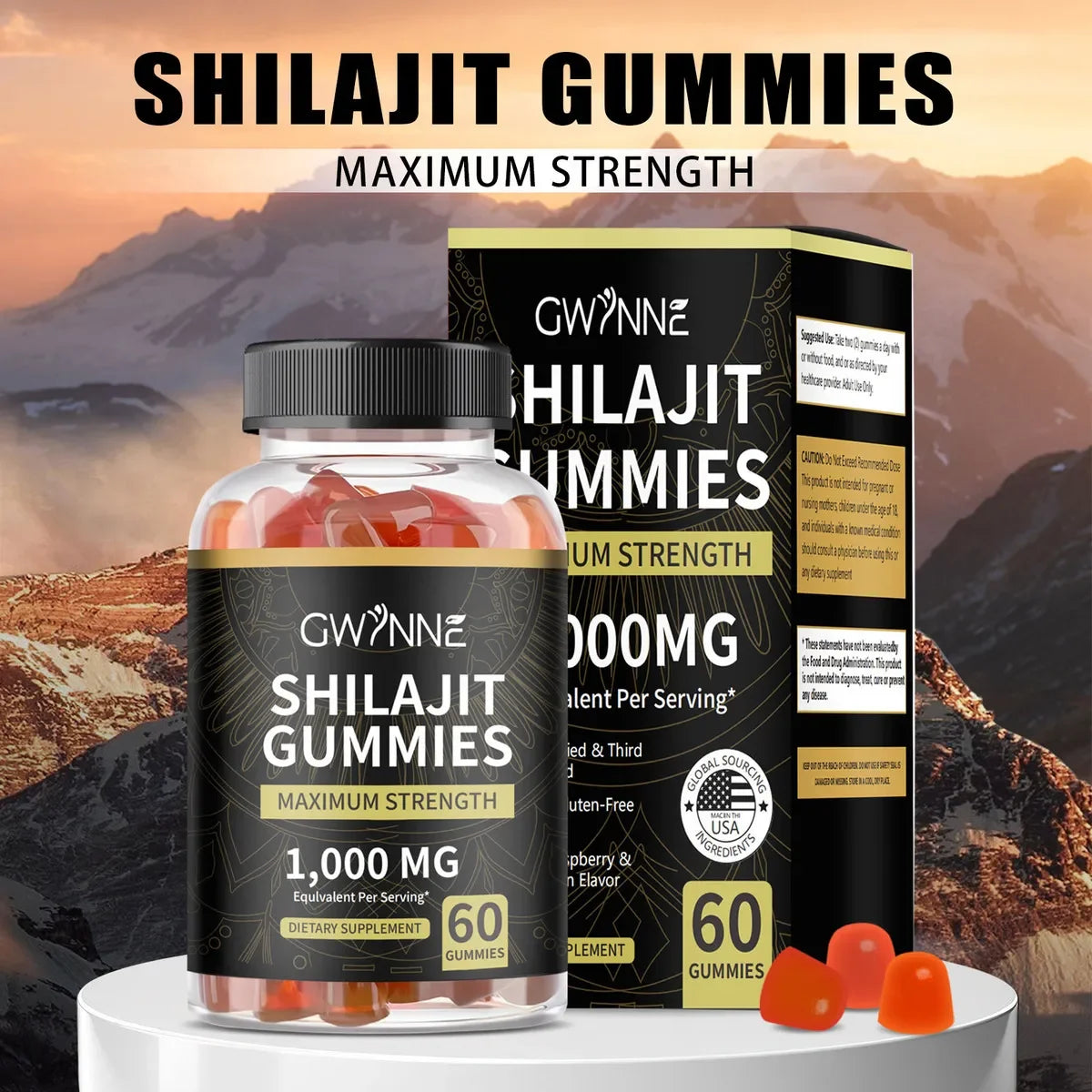 Gwynne Shilajit 1000mg - 60 Gomitas Sabor Frambuesa y Sandía Energía y Vitalidad Suplemento Natural Vegano Sin Gluten