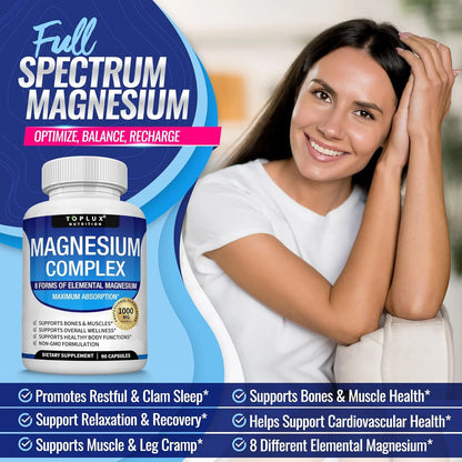 Suplemento de Magnesio Complejo 8 Elementos 1000 mg – Glicinato, Citrato, Malato, Taurato y Quelato Alta Absorción para Huesos, Músculos, Energía y Recuperación 90 Cápsulas