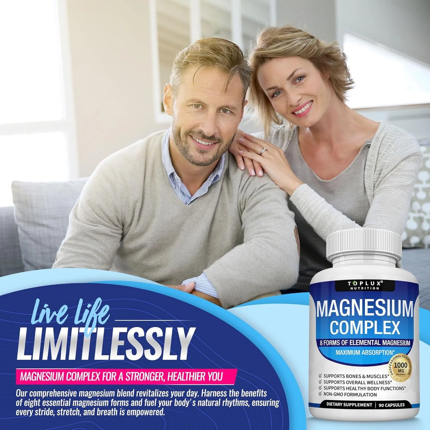 Suplemento de Magnesio Complejo 8 Elementos 1000 mg – Glicinato, Citrato, Malato, Taurato y Quelato Alta Absorción para Huesos, Músculos, Energía y Recuperación 90 Cápsulas