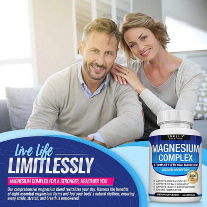 Suplemento de Magnesio Complejo 8 Elementos 1000 mg – Glicinato, Citrato, Malato, Taurato y Quelato Alta Absorción para Huesos, Músculos, Energía y Recuperación 90 Cápsulas