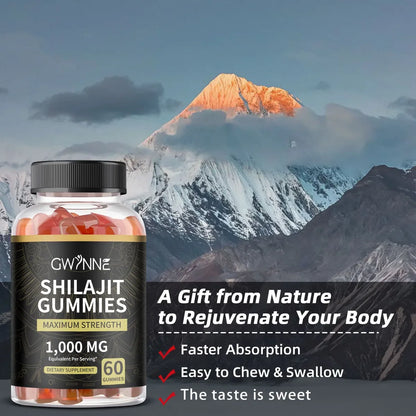 Gwynne Shilajit 1000mg - 60 Gomitas Sabor Frambuesa y Sandía Energía y Vitalidad Suplemento Natural Vegano Sin Gluten